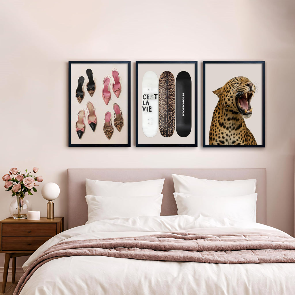 Stockholm Style Set of 3 Wall Art Set Leopard Print & Preppy Fashion Art with Heels, Skateboards & Roaring Leopard