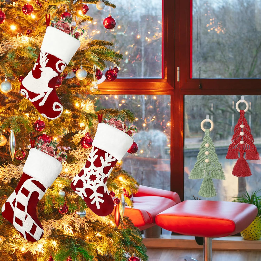 Christmas Stocking Set of 3, 18 Inch Red Christmas Stockings Embroidered Elk Snowflakes Sleigh White Plush Faux Fur