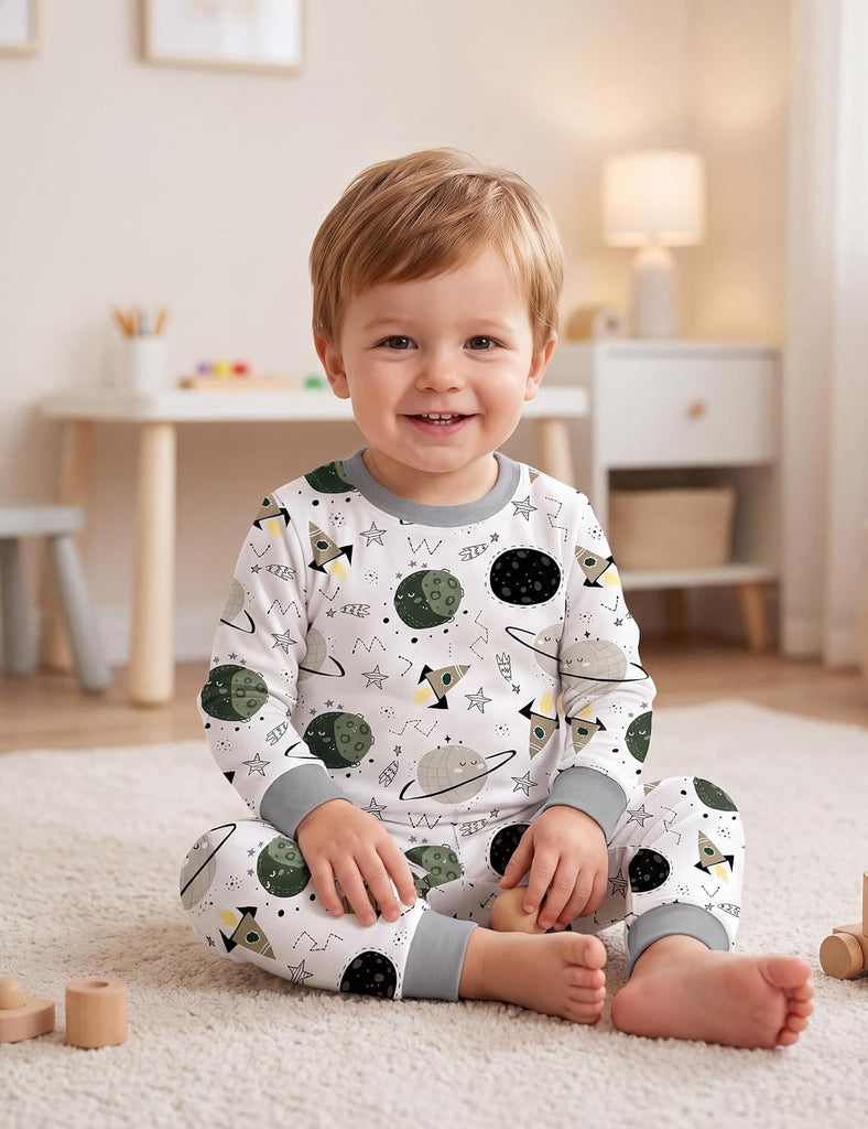 Toddler Pajamas 100% Organic Cotton 4 Piece Long Sleeve Fall Pajama Set Kids Pajamas for Boys Girls Snug Fit Pjs Set