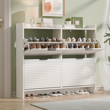 MU 46.5" W Fluted Shoe Storage Cabinet, Shoe Cabinet with 4 Flip Drawers, Narrow Wood Shoe Rack Cabinet