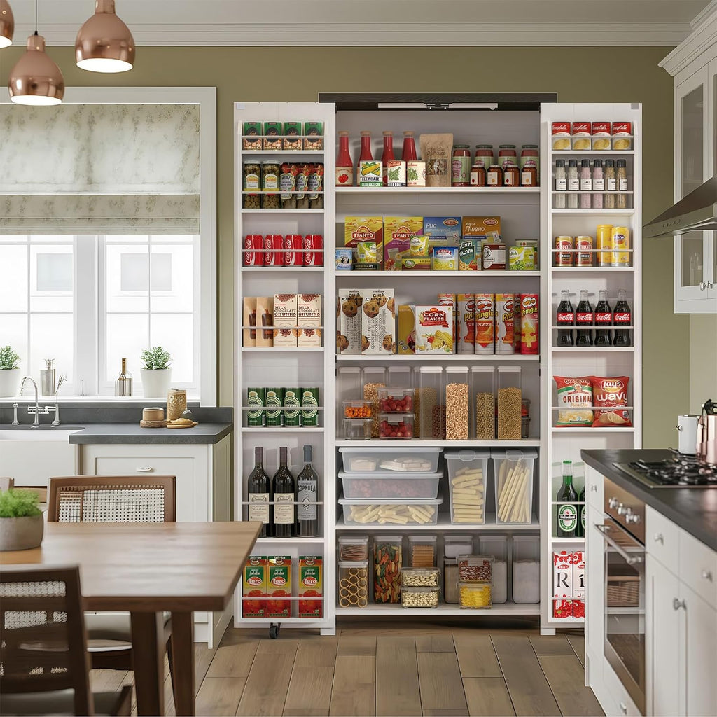 Food Pantry Storage Cabinet with Led Light, 71" Tall Farmhouse Kitchen Pantry Cabinet with Adjustable Shelves, Free