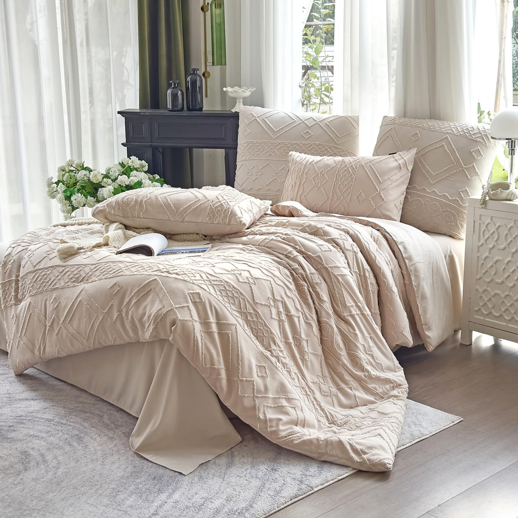 Boho King Size Comforter Set Beige Tufted Geometric All Seasons