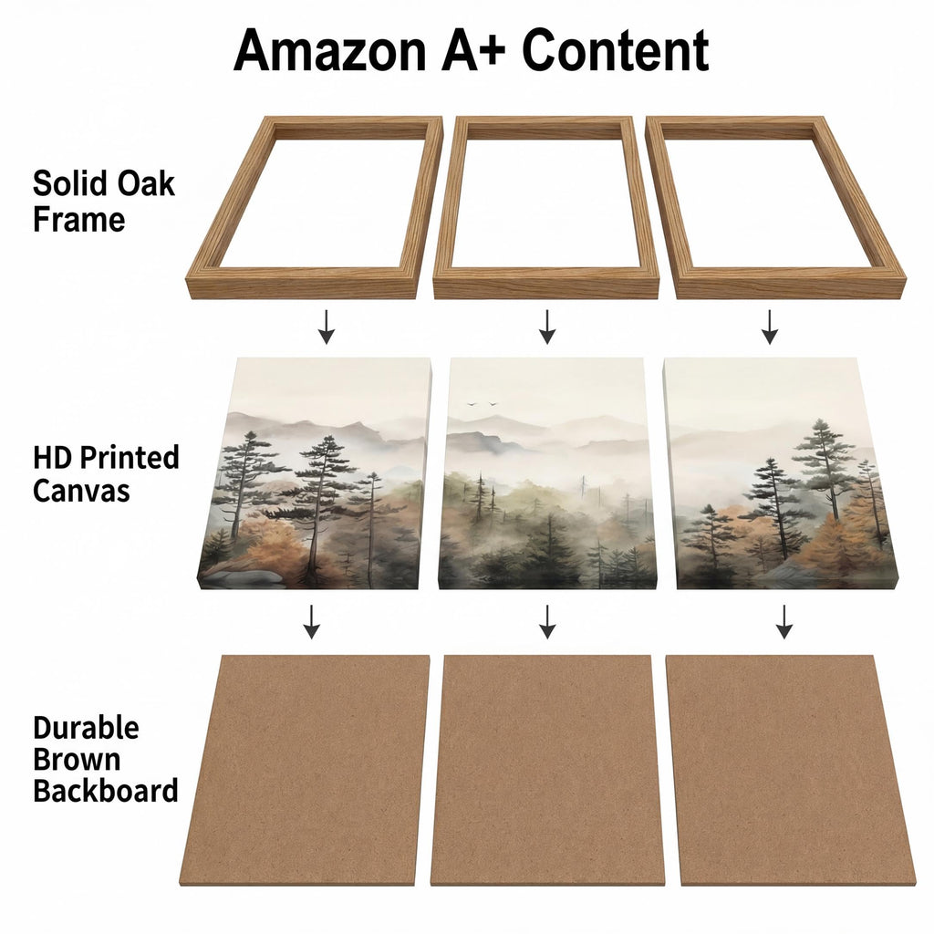 Framed Mountain Landscape Wall Art Set of 3 - Canvas Prints with Real Wood Frame Foggy Pine Tree Misty Forest