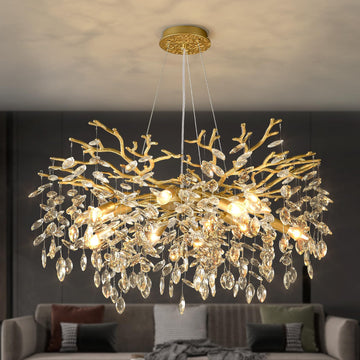 Gold Tree Branch Chandelier 32" 10-Light Modern Crystal Light Fixture