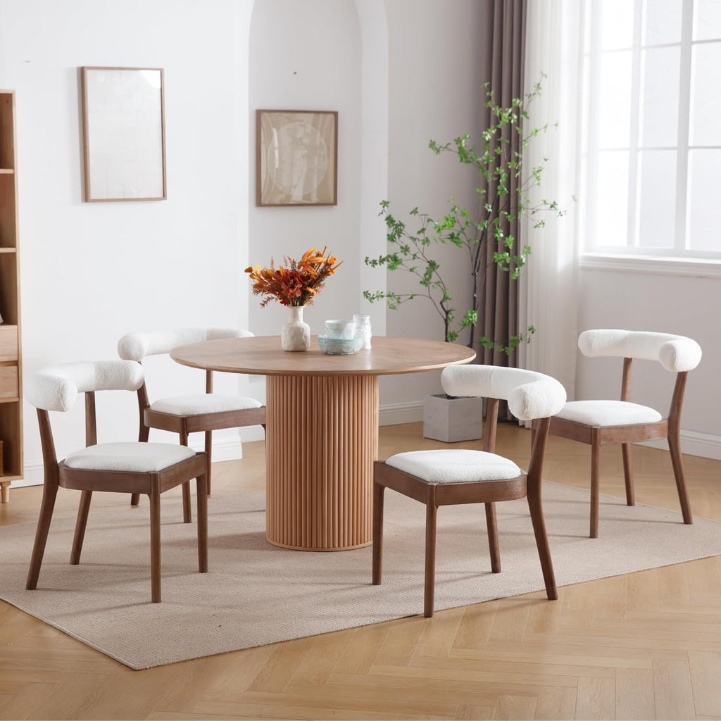 Kmax Dining Room Chairs Mid-Century Modern Sherpa Kitchen Chairs with Natural Walnut Finished Frame, Fur Curved Back
