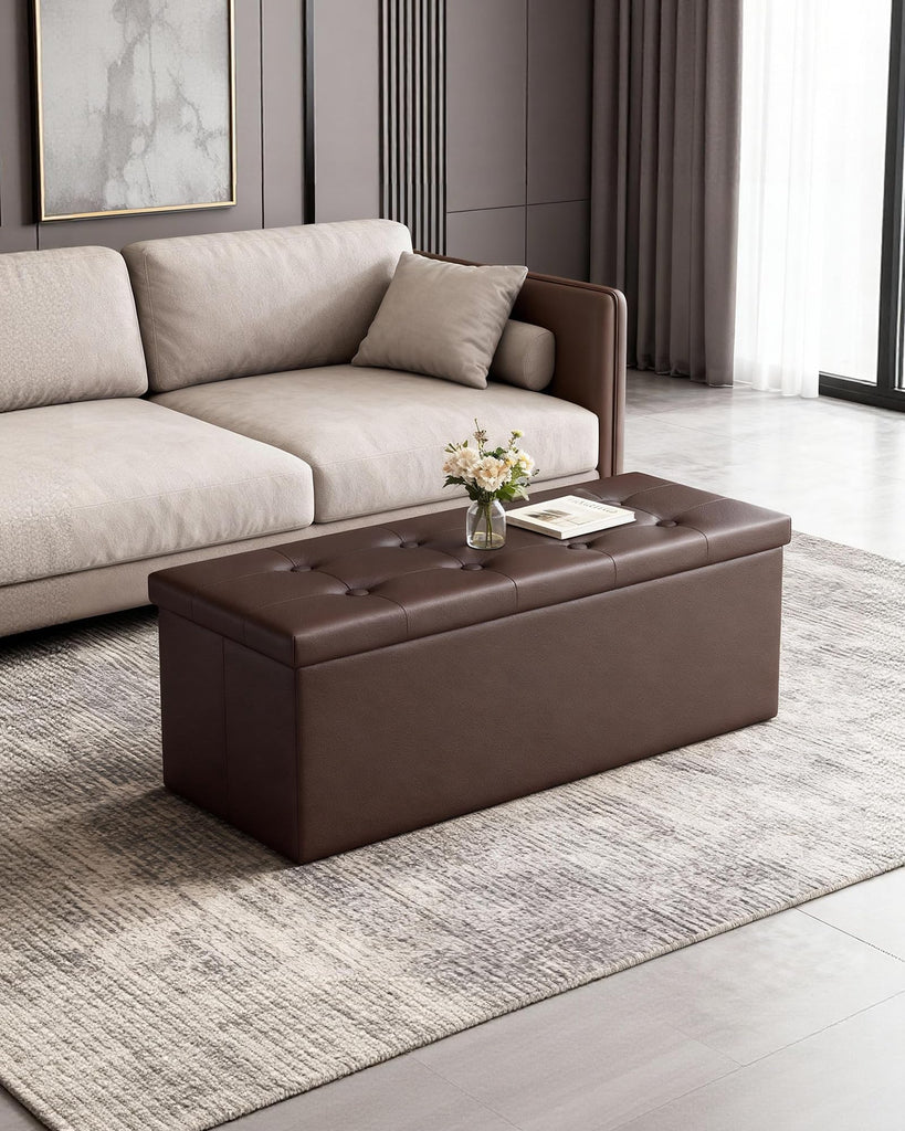 43" Storage Ottoman Bench, Folding Faux Leather Chest, Brown