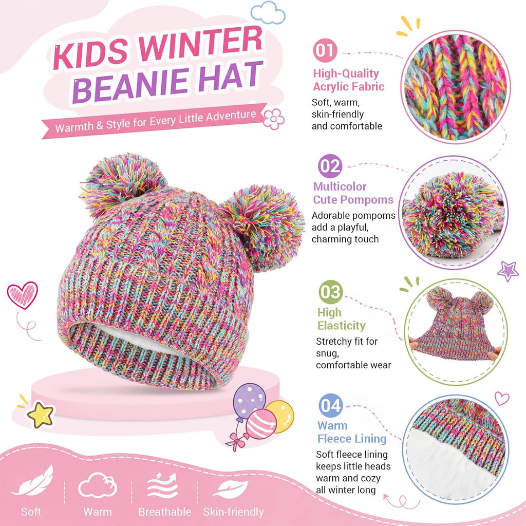 Kids Winter Hat Gloves Scarf Set, Unisex Children Beanie Hat with Pom