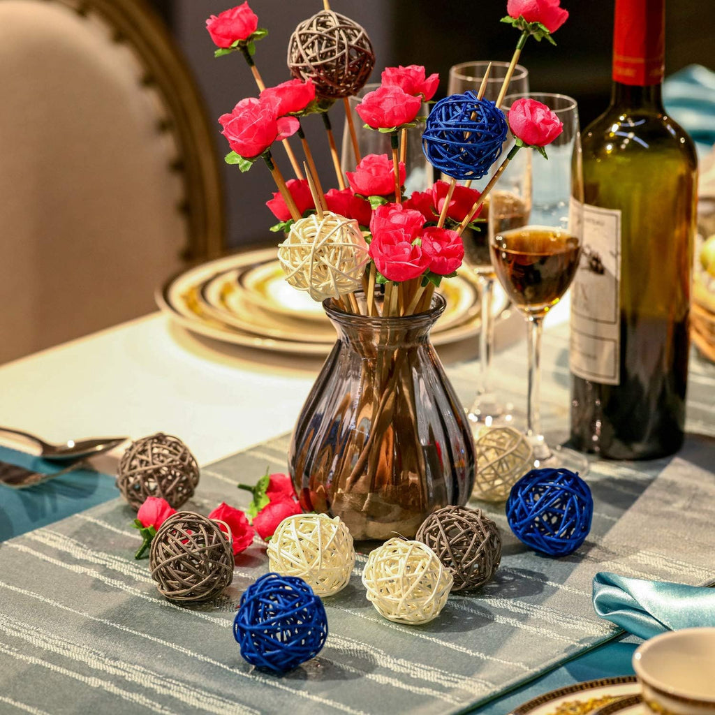 Decorative Wicker Rattan Ball, 1.8 in, Navy Blue Gray White - Set of 15