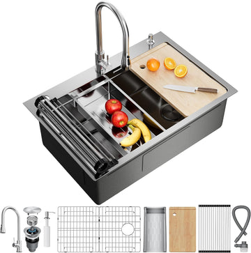 33X22 Drop Sink, 304 Stainless Steel Workstation Sink | Pop-Up Drain, Workstation Sink, Upgraded Fast Drain, Topmount