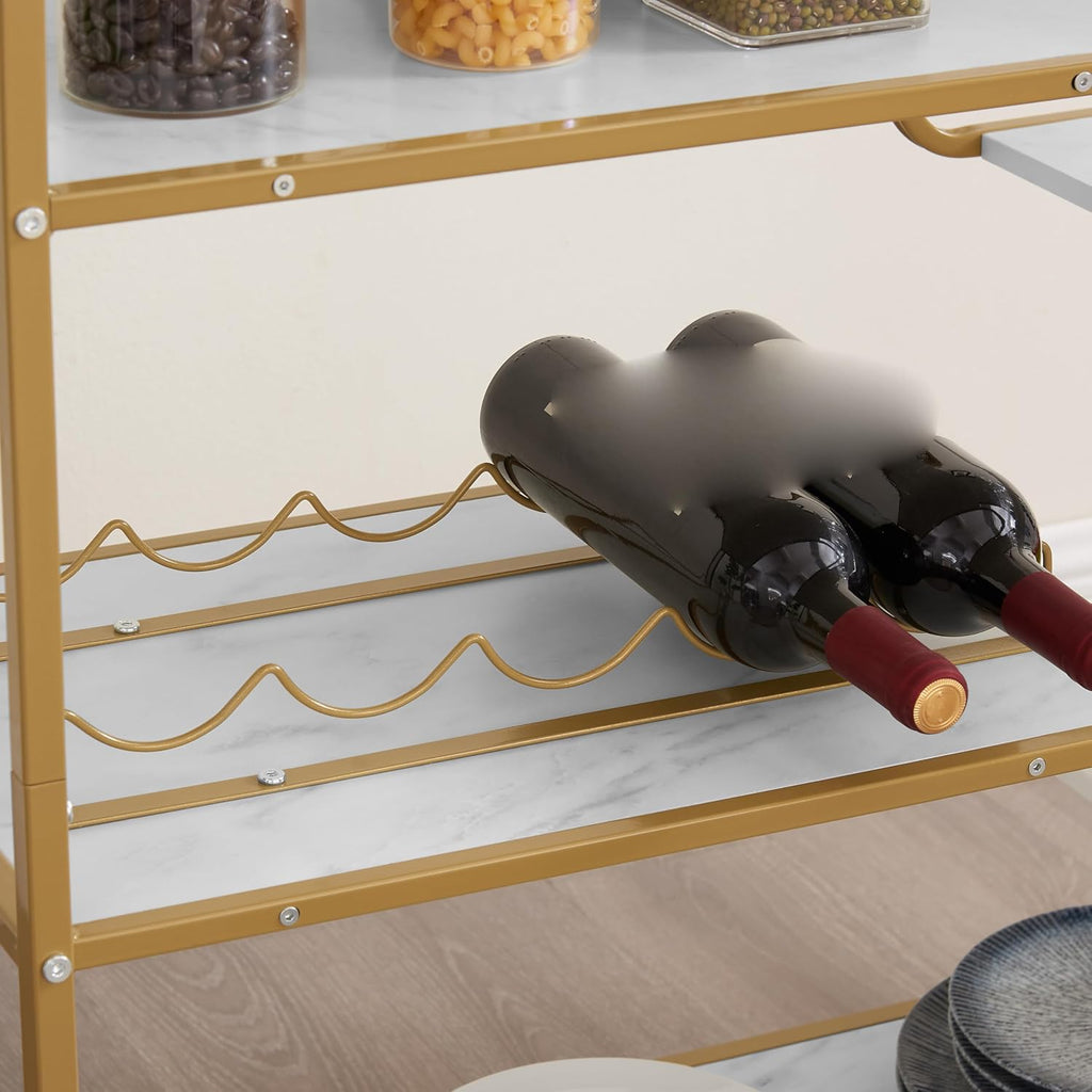 Gold Bar Cart with Wheels 6-Tier Rolling Serving Cart Vintage Wine Trolley with Glass Holder and Wine Rack Beverage