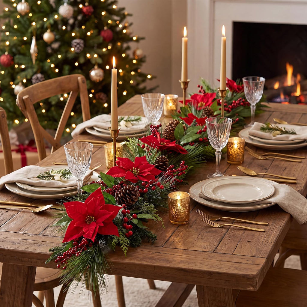 Christmas Pine Garland with Red Poinsettias, Pine Cones & Berries