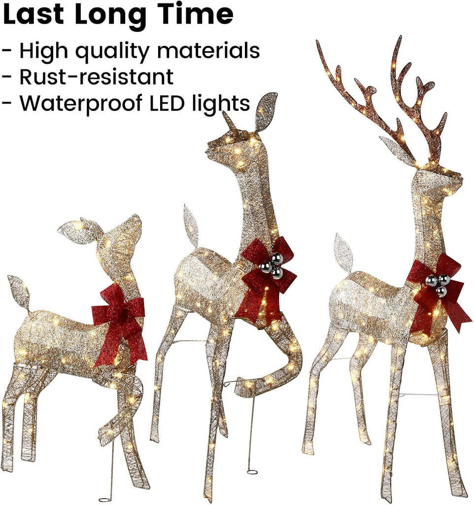 3D Christmas Reindeer Outdoor Decorations - 3 Pieces Set of Gold LED Deer Family with 240 Warm Lights - 5ft Buck &