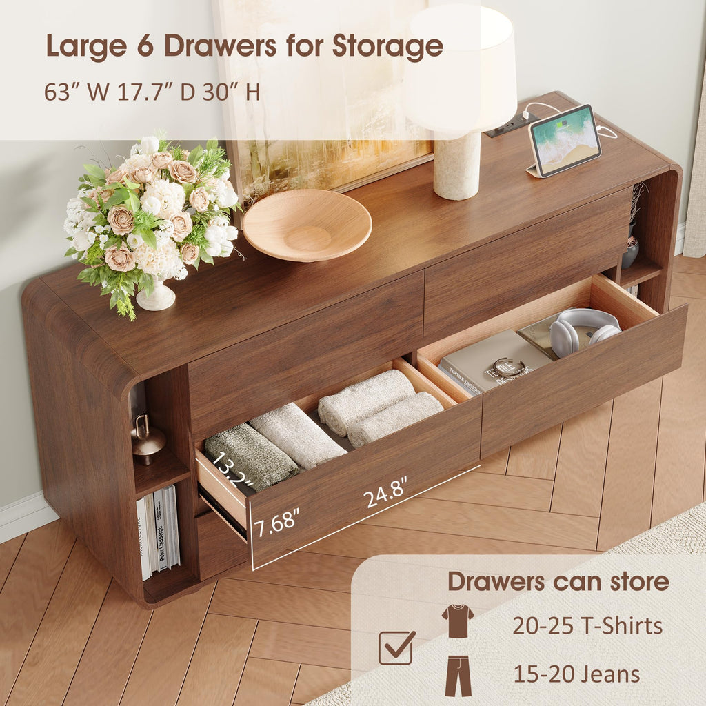 63 Inch 6 Drawer Dresser with Shelves, Rounded Corner, Walnut