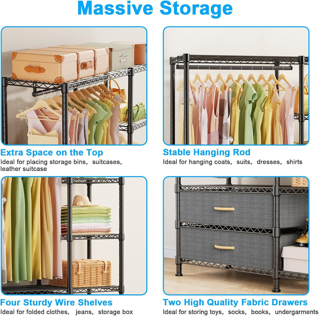 F3 Heavy Duty Clothes Rack(With Fabric Drawers)Freestanding Clothing Racks for Hanging Clothes,Adjustable Closet