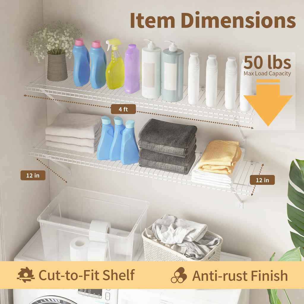 Closet Shelves Wall Mounted, 4 Pack 4 ft x 12 in White Wire Shelving Kit, Metal Wall Shelf Organizer, Pantry