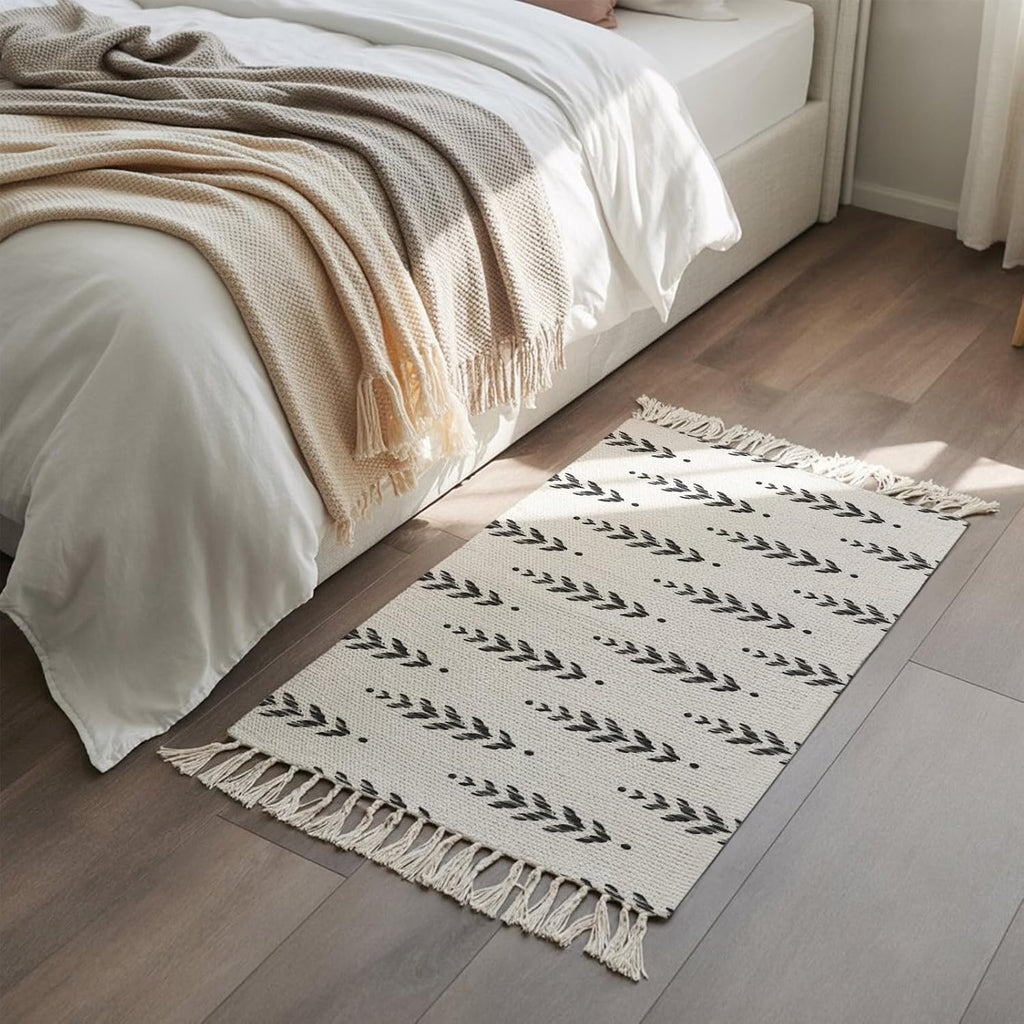 Modern Scandi Botanical Leaves Kitchen Runner Rug Boho Tassel Rugs Floor Carpet, Minimalist Black Leaf on White