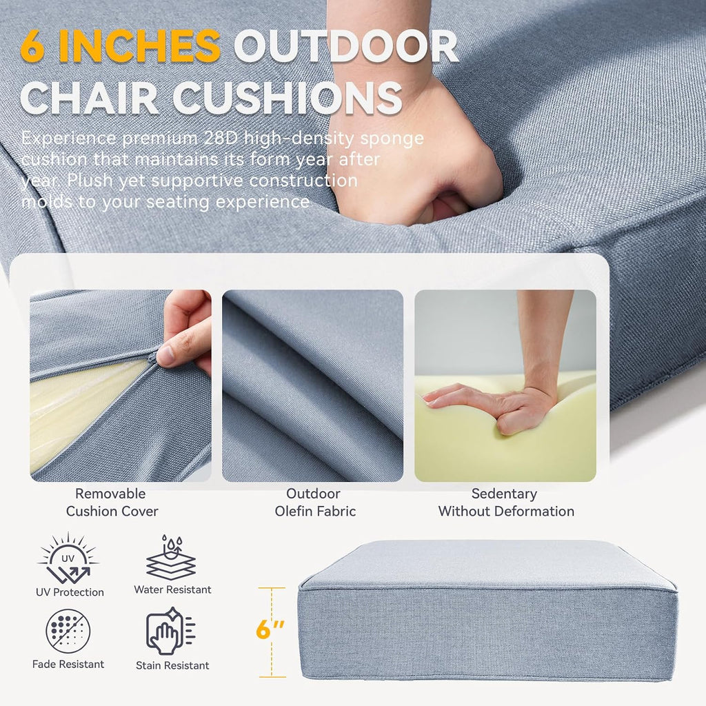 Outdoor Cushion Set Furniture, UV Resistant, Water Resistant - 6 Inch Thick Foam Garden Cushions- 24x24 Inch Patio