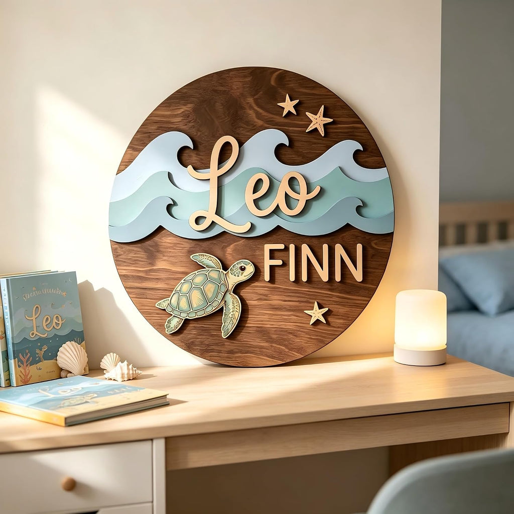 Personalized Name Sign, Custom Wooden Ocean Theme Wall Decor with Turtle Waves and Starfish, Kids Bedroom Door