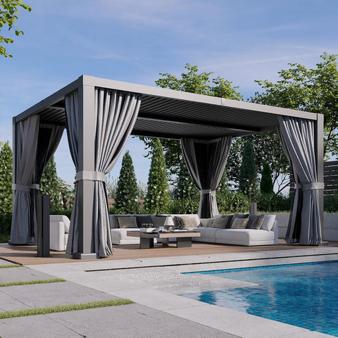 Aoxun Louvered Pergola 12' x 16' Outdoor Aluminum Pergola Adjustable Roof, with Waterproof Curtains and Nets
