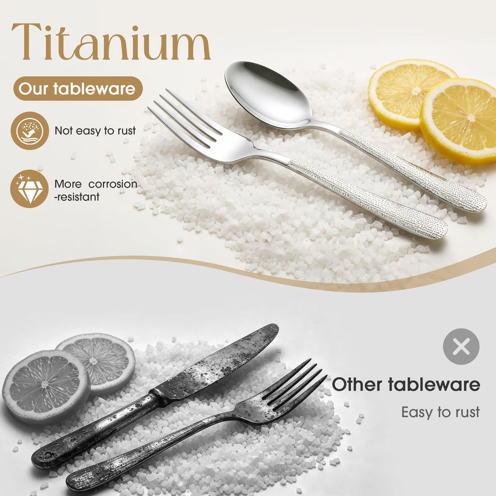 Titanium Silverware Set for 4, 20 Pcs Hammered Silverware Set, Dishwasher Safe, Heavy Duty Forks Spoons Tableware