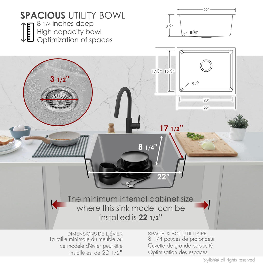 22 x 17.5 Composite Granite Kitchen Sink, Single Bowl Under Mount & Drop in, 8.25 in Deep, Rear-Center Drain, with