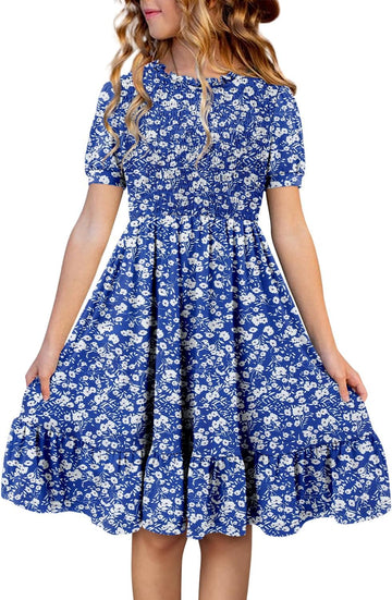 Girls Casual Dress Summer Puff Short Sleeve Smocked Ruffle Dresses