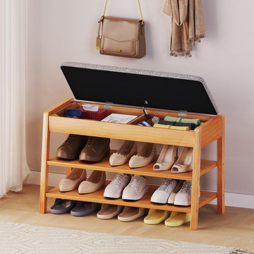 Shoe Rack Bench with Storage, 2-Tier Solid Wood Entryway Bench with Cotton-Linen Cushion, Multipurpose Storage