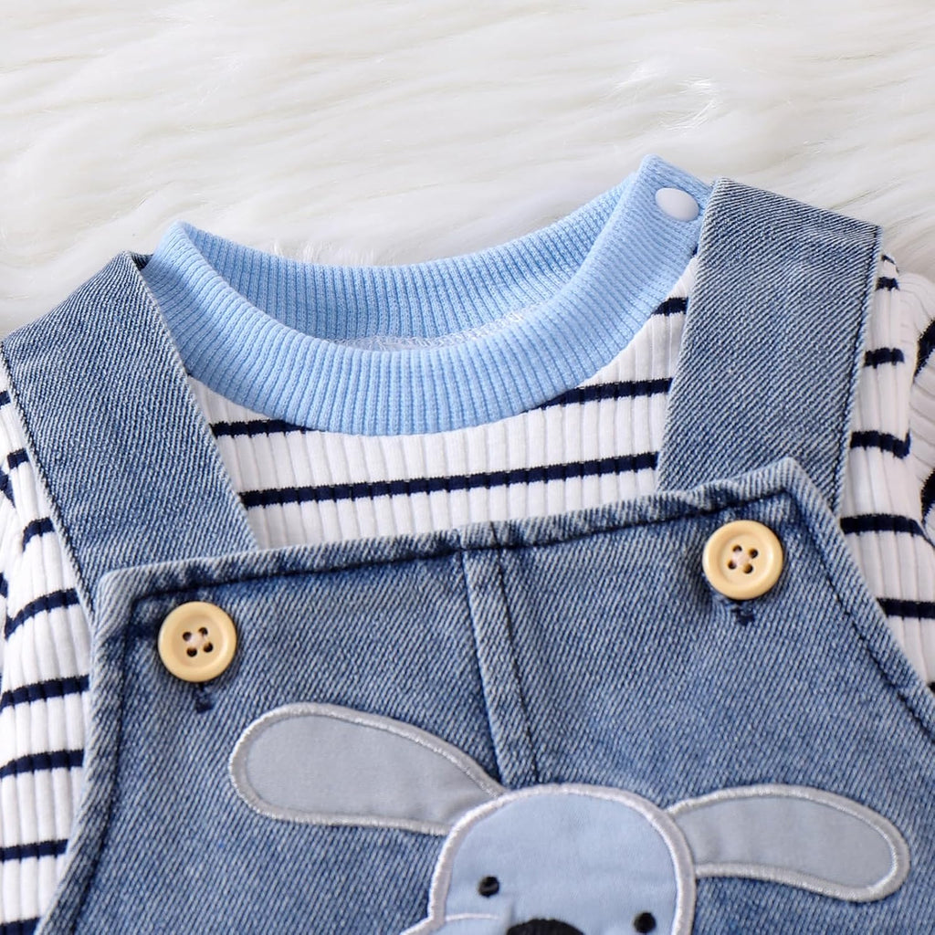 Baby Boy Clothes Fall Winter Outfits Long Sleeve Striped Romper Cute Cartoon Jeans Overalls Pants Set