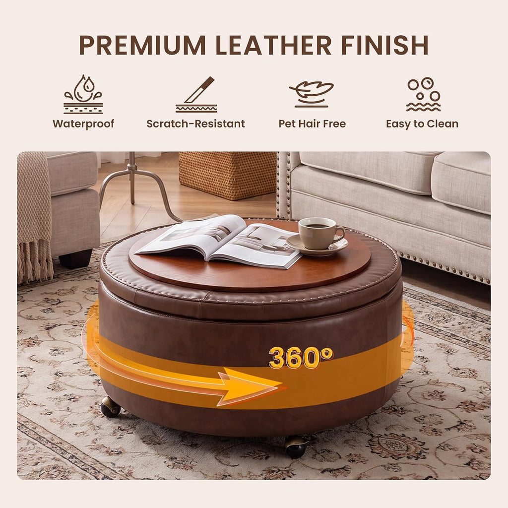29" Round Storage Ottoman with Reversible Tray, Faux Leather Tufted Coffee Table, Foot Rest Stool with Lockable