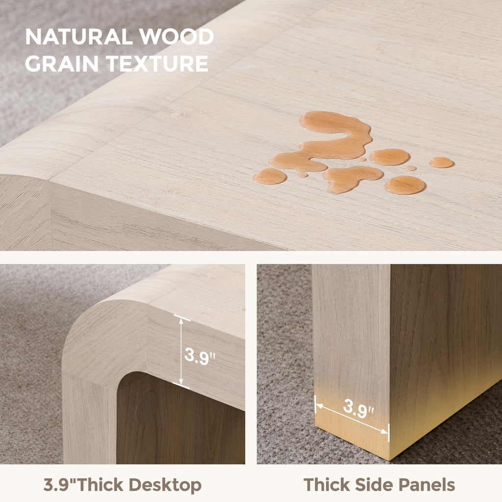 48" Modern Curved Coffee Table, Wood Minimalist Center Table, Cream