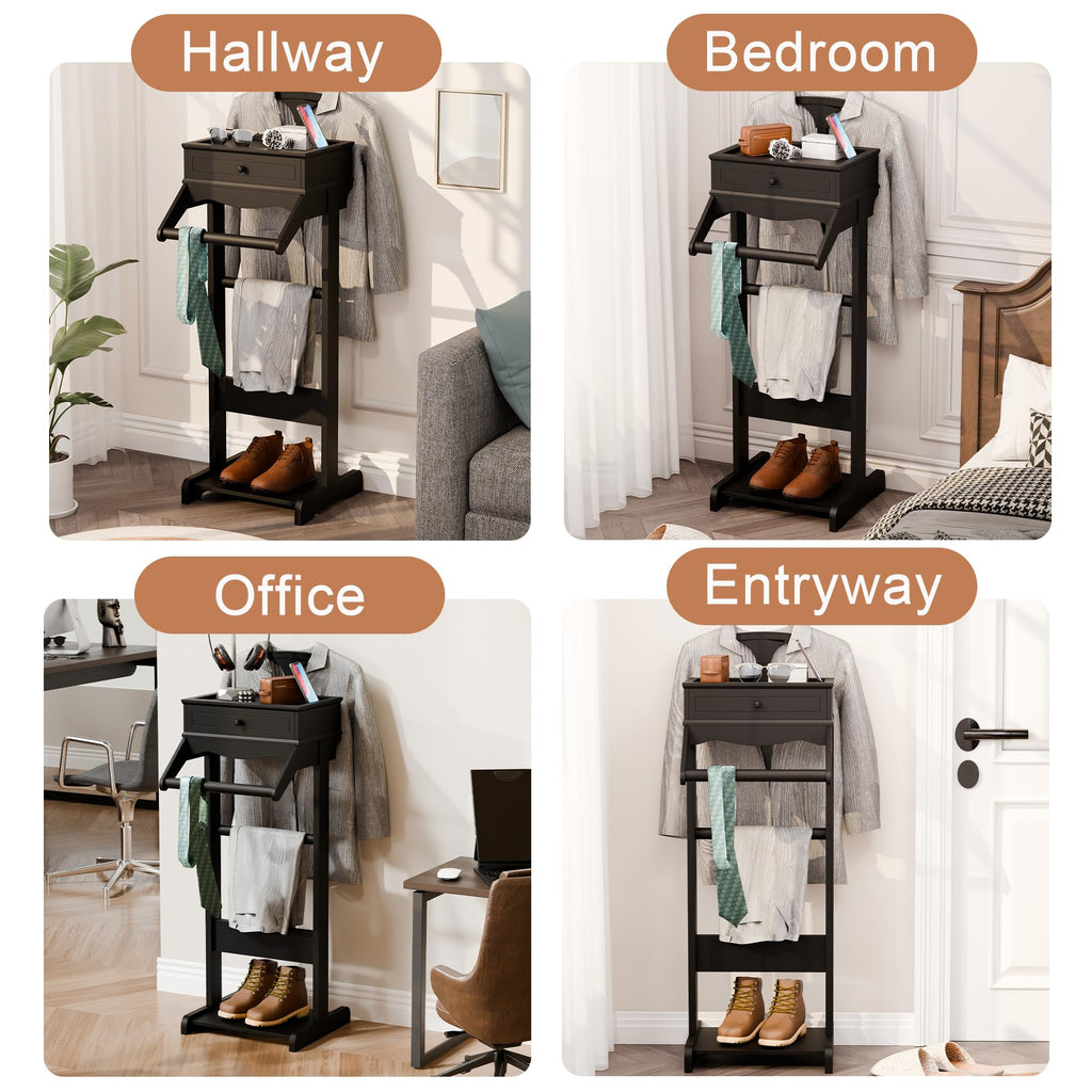 Suit Valet Stand for Men, Wooden Clothes Rack with Drawer & Coat Hanger