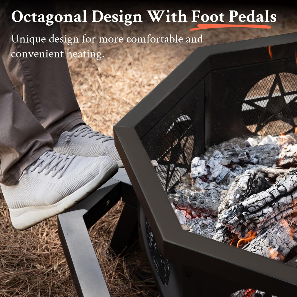 Outdoor 43 Inch Octagonal Fire Pit with Cooking Grill Black