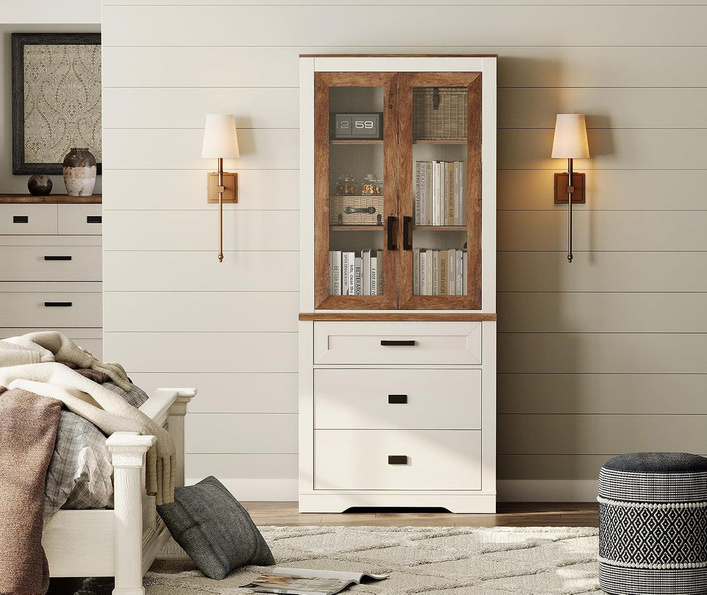 73.3" H Farmhouse-Style Bookcase w/Tempered Glass Doors&File Drawers | Large Capacity,File Drawers,Adjustable