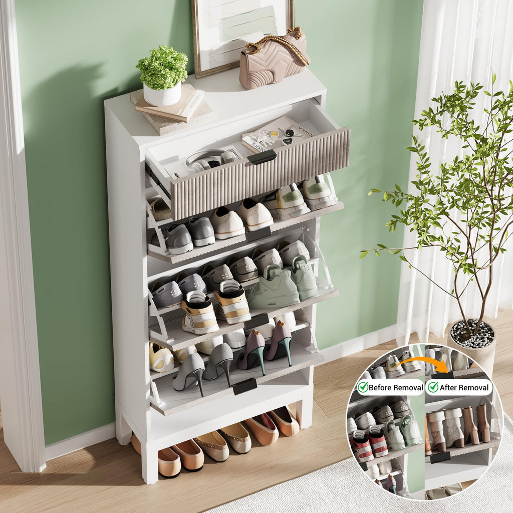 Fluted Shoe Storage Cabinet with 3 Flip Drawers, White+Grey