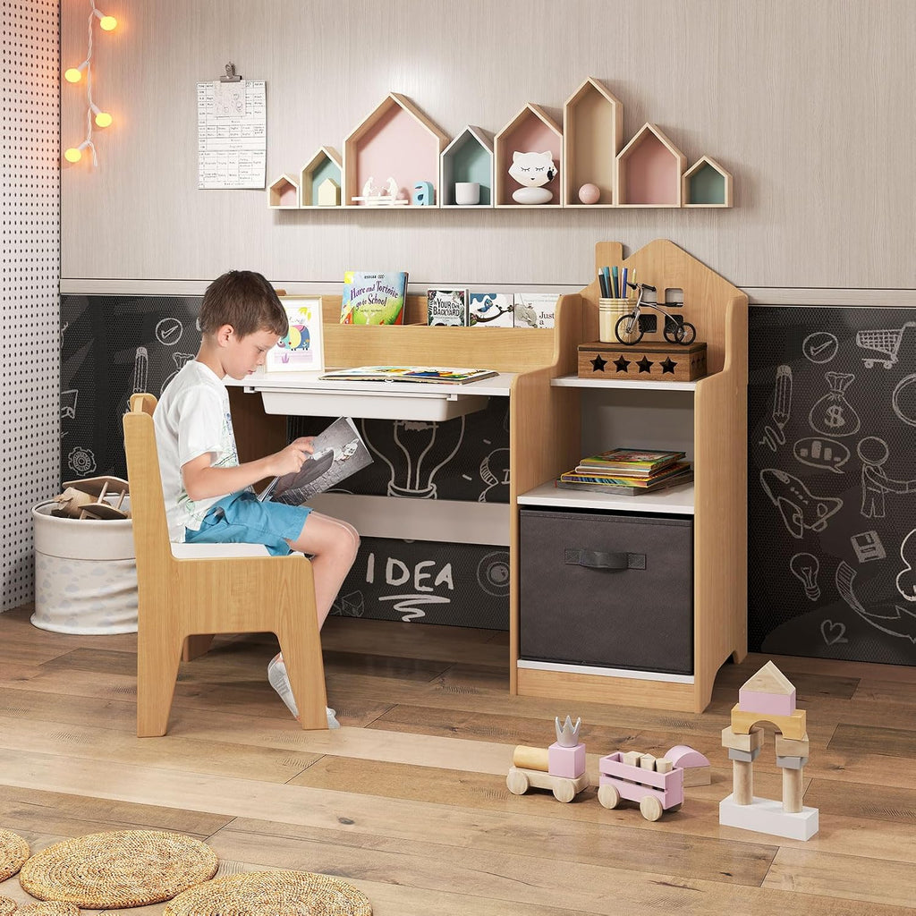 Kids Desk and Chair Set, Wooden Children School Study Table and Chair w/2 Drawers, Hutch, Storage Shelves, Student