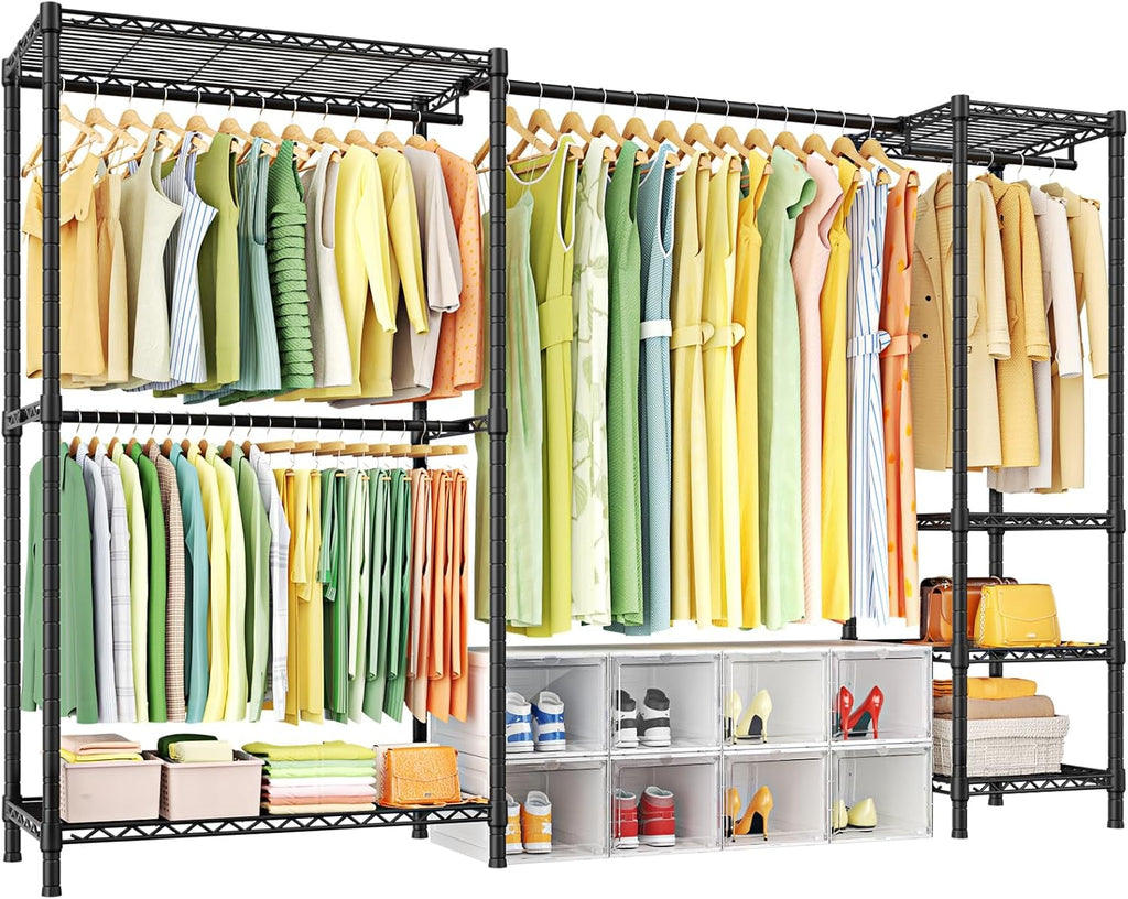 E10 Clothes Rack(With Stretchable Hanger Rod)Freestanding Clothing Racks for Hanging Clothes,Adjustable Closet