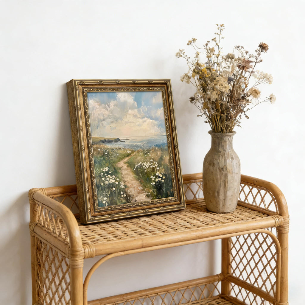 Gold Framed Wall Art, Coastal Landscape Canvas Prints - Vintage Seascape with White Wildflowers Pictures, Summer