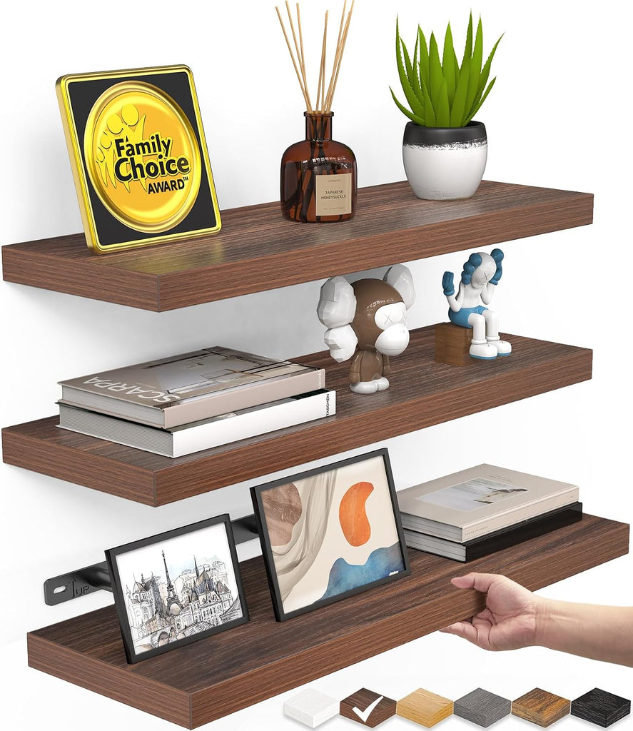 Walnut-Like Floating Shelves 15.7in, 3 Pack, Wall Mount Rustic Shelf | 22lbs Max Load, Hidden Bracket, Bedroom