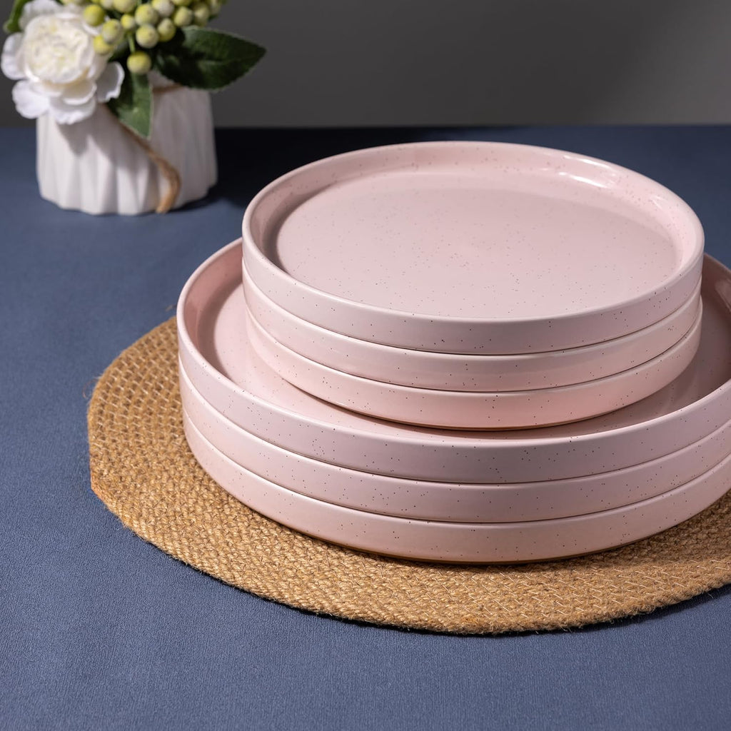 Ceramic Dinnerware Set for 4 | Speckled Stoneware Plates and Bowls with unglazed terracotta | Scratch Resistant