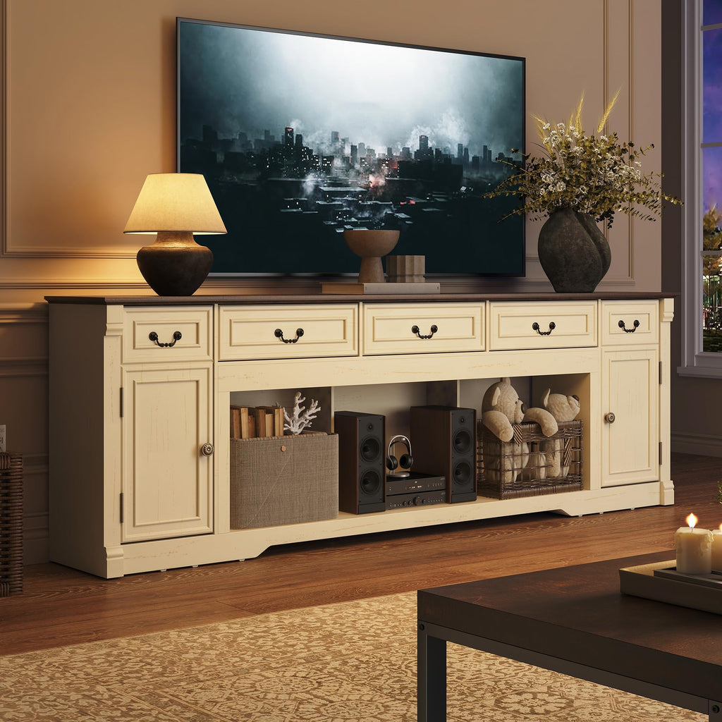 95" Large Farmhouse TV Stand, Entertainment Center for TV up to 100" White