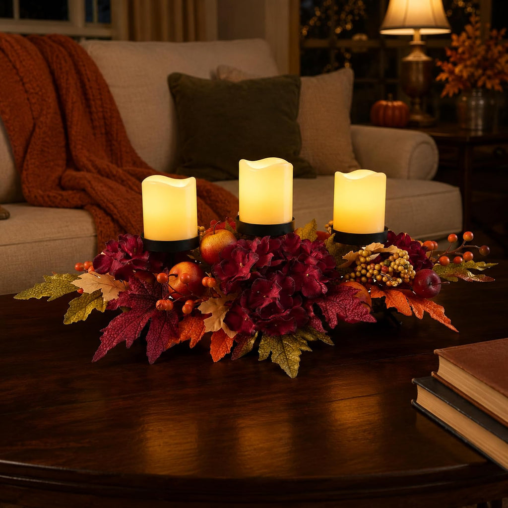 26 Inch Fall Candle Holder Centerpiece with Hydrangea and Apples | Three Candle Cups, Burgundy Hydrangea and Faux
