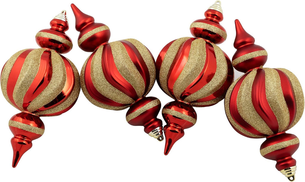 Shatterproof Commercial Size Finial Christmas Ornaments - 10" - Red and Gold - Set of 4