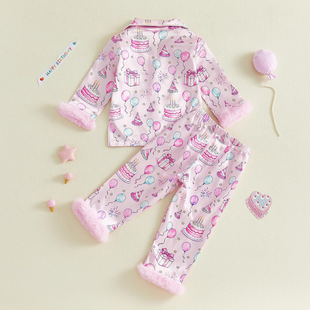 Kids Toddler Girl Pajamas Fuzzy Trim Button Down Shirt Pants