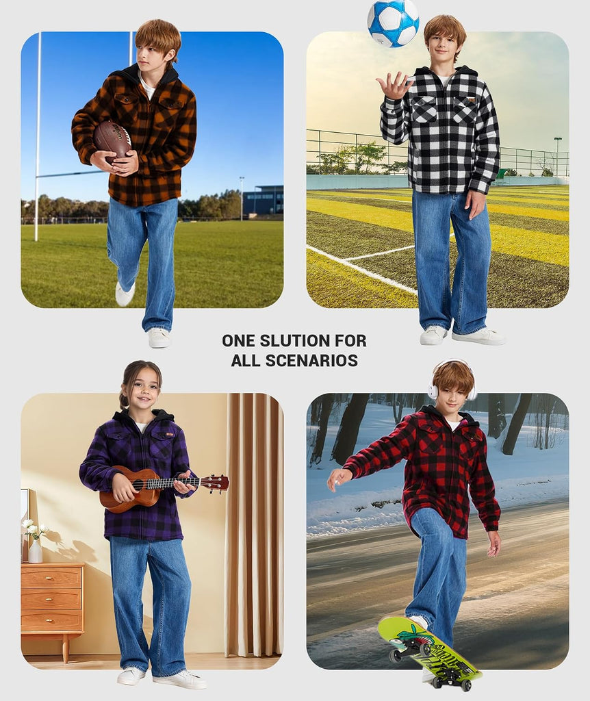 Boys Flannel Jacket Sherpa Lined Zip Up Hoodie