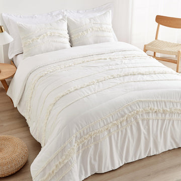 Ivory Cotton Bohemian Boho Chic Queen Comforter Set Full Size Bedding Teen Adult Bed Room 3 Piece Solid Color Off