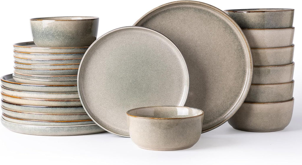 Stoneware Dinnerware Sets,Round Reactive Glaze Ceramic Plates and Bowls Sets,Highly Scratch Resistant | Dishwasher &