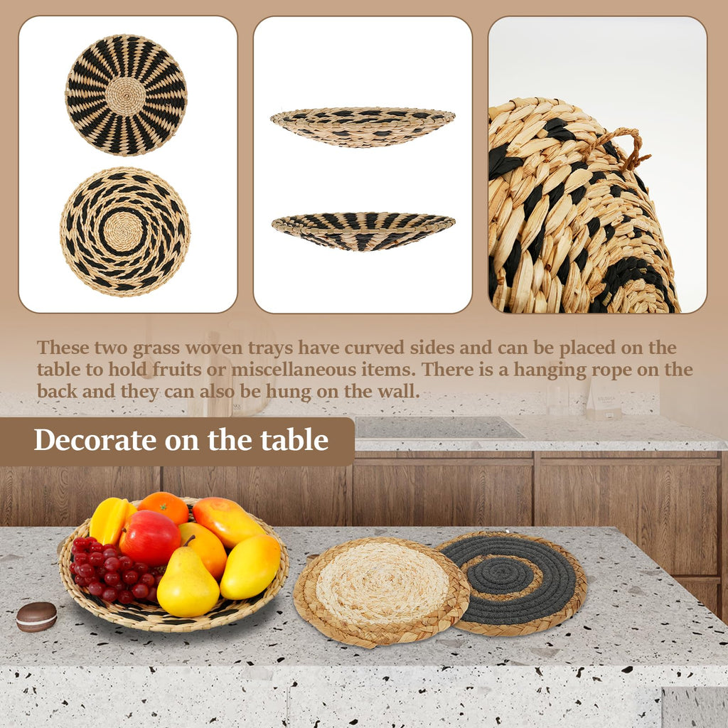 Boho Woven Wall Basket Decor, 7 Pcs Round Hanging Basket, Rustic Flat Elegant Wall Art, Seagrass Rattan Wicker Dining
