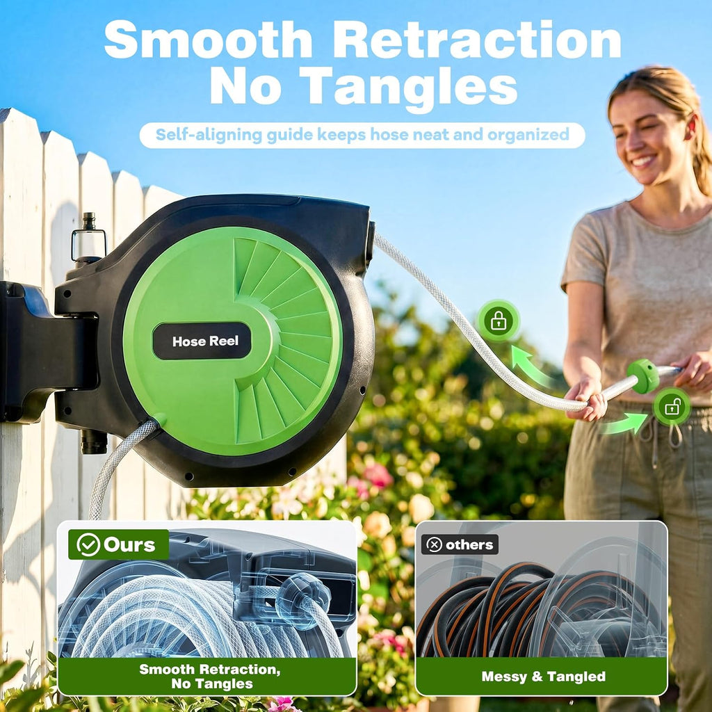 Retractable Garden Hose Reel 100FT x 1/2 in, Wall Mount Water Hose Reel for Outside with Auto Rewind, Tangle-Free