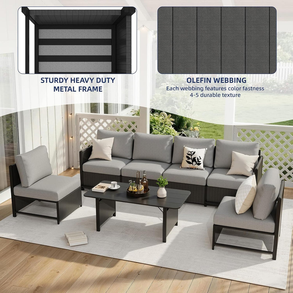 7 Pieces Patio Furniture Set, Modern Sectional Sofa, All Weather Outdoor Conversation Set with Cushions & Table, Gray
