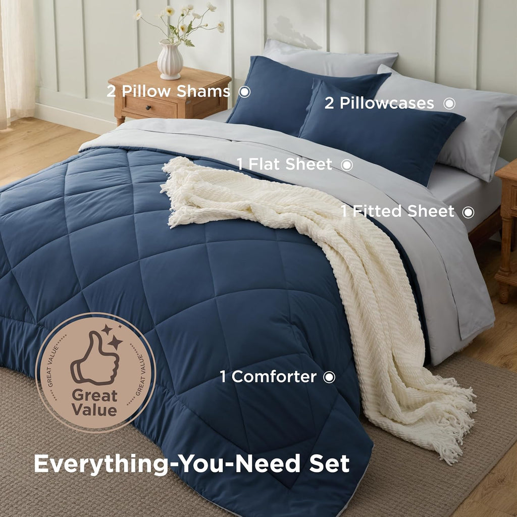 Full Comforter Set - 7 Pieces Reversible Navy Bed in a Bag Full, Full Comforter Sets for Boys for All Seasons with 1
